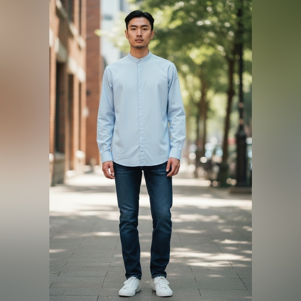 Vancoog Men’s Band Collar Dress Shirt Light Blue Long Sleeve Cotton Blend M NWT
